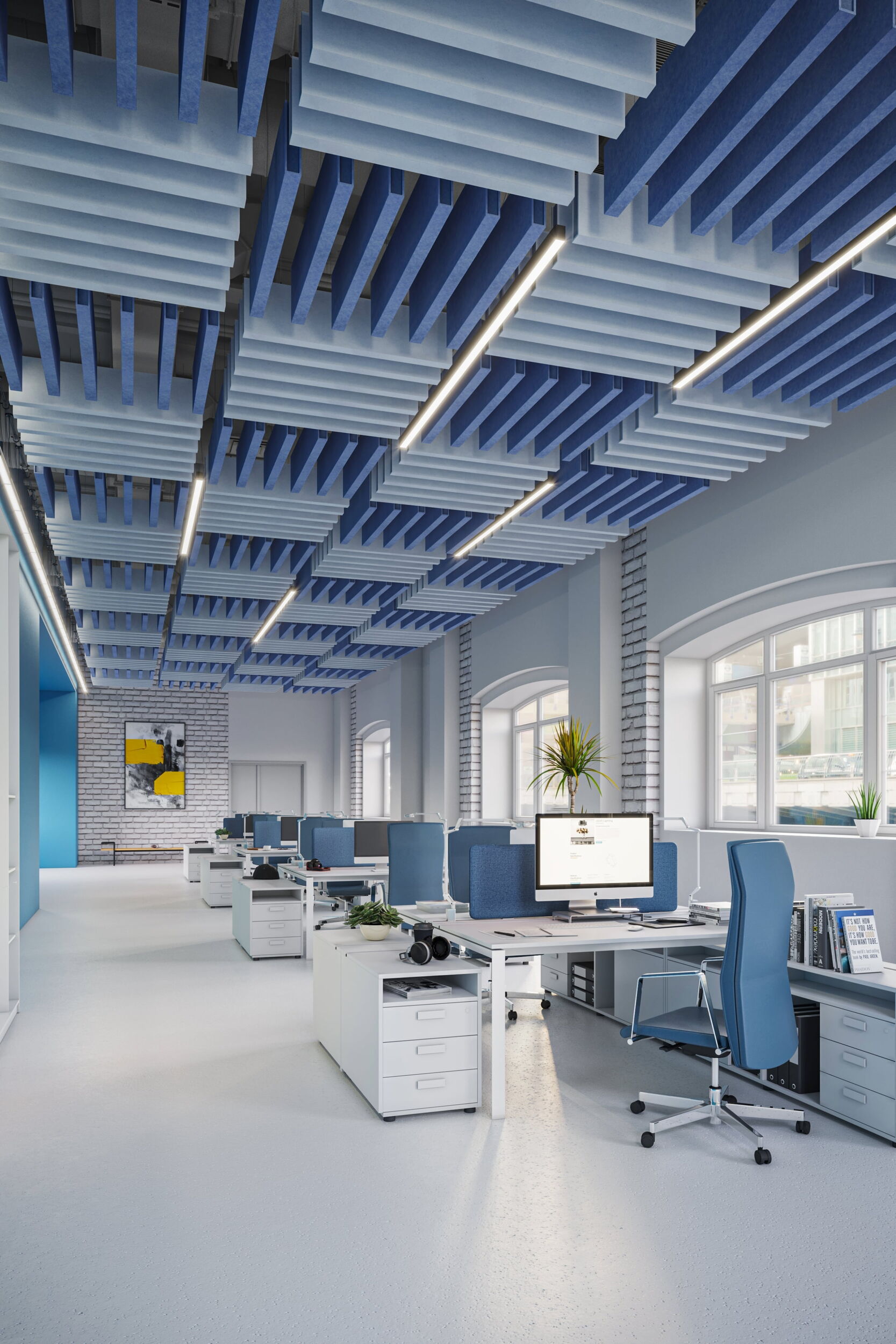 Blue Office Space with Blue Acoustic Cieling Panels