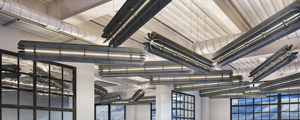 Modern Office with Exposed Ducts and Large Windows