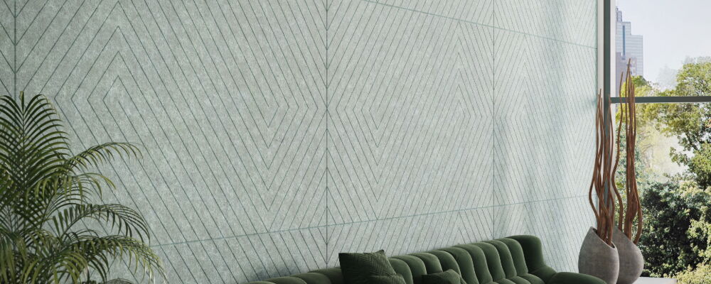 Modern Living Room Featuring a Green Tufted Sofa and Patterned Wall