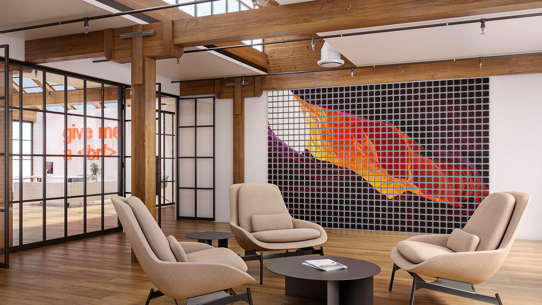 Modern Office With Artistic Wall Mural, Stylish Furniture, and Glass Partition