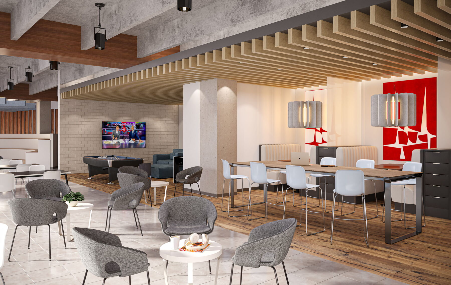 Modern Cafe Interior with Stylish Furniture and Bright Accents