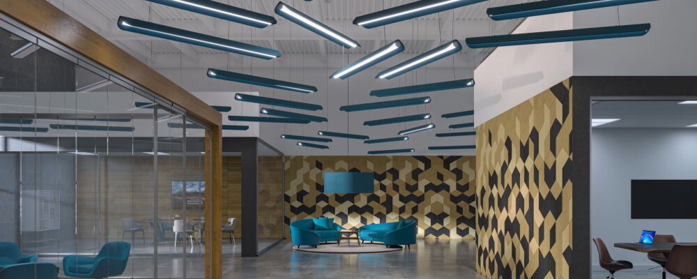 Contemporary Office Design Featuring Blue Accents and Unique Hanging Lights
