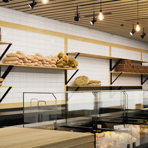 Modern Bakery Interior Featuring Sleek Black and Wood Accents and Assorted Breads