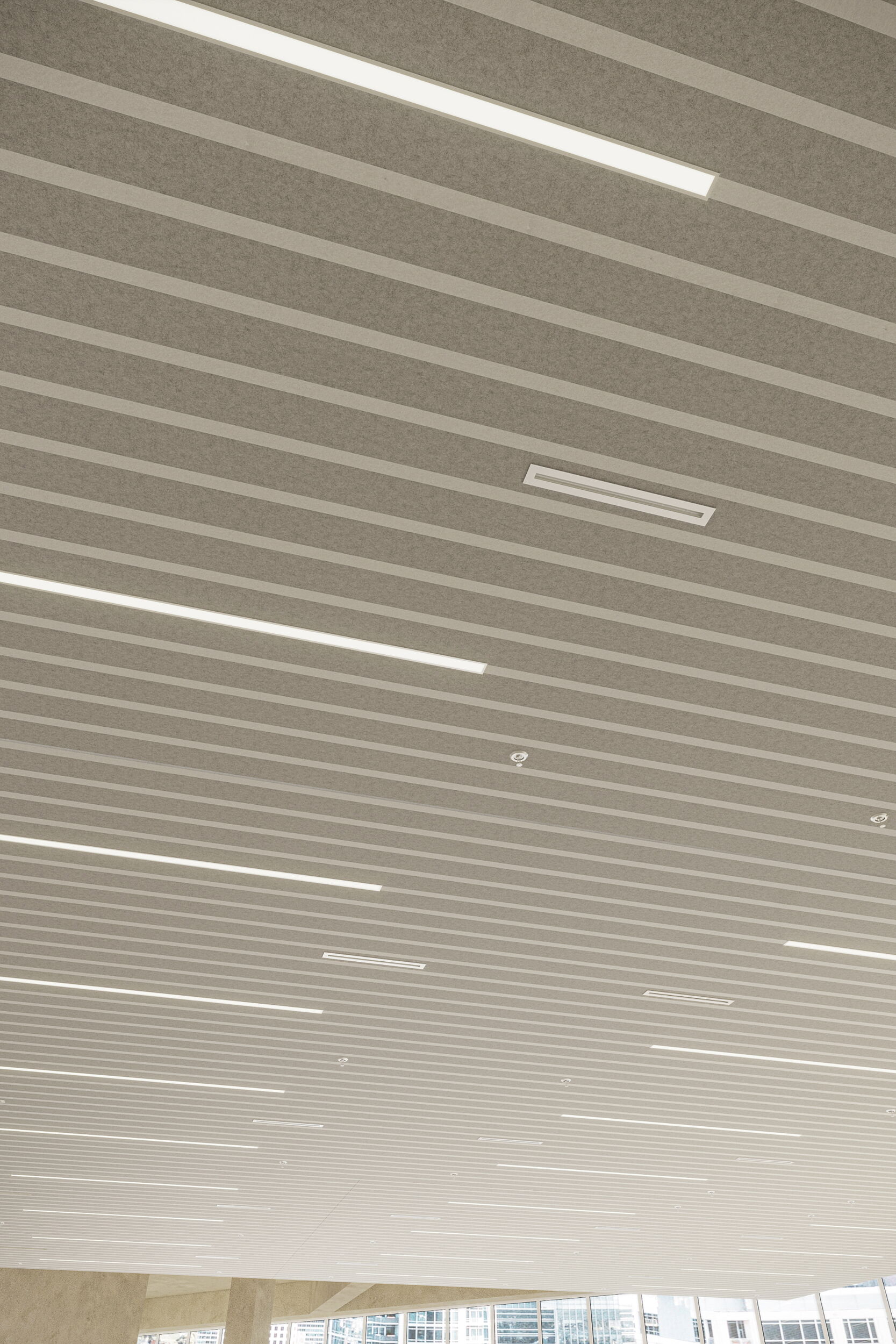 Contemporary Office Ceiling with Parallel Illuminated Lines and Recessed Lights