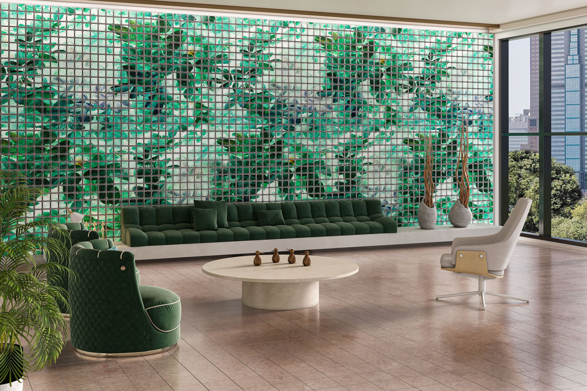 Modern Lounge Area Featuring A Large Green Wall Art Installation