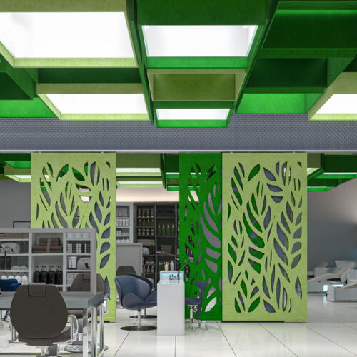 Interior Design of a Modern Hair Salon Featuring Stylish Green Accent Panels and Bright Lighting