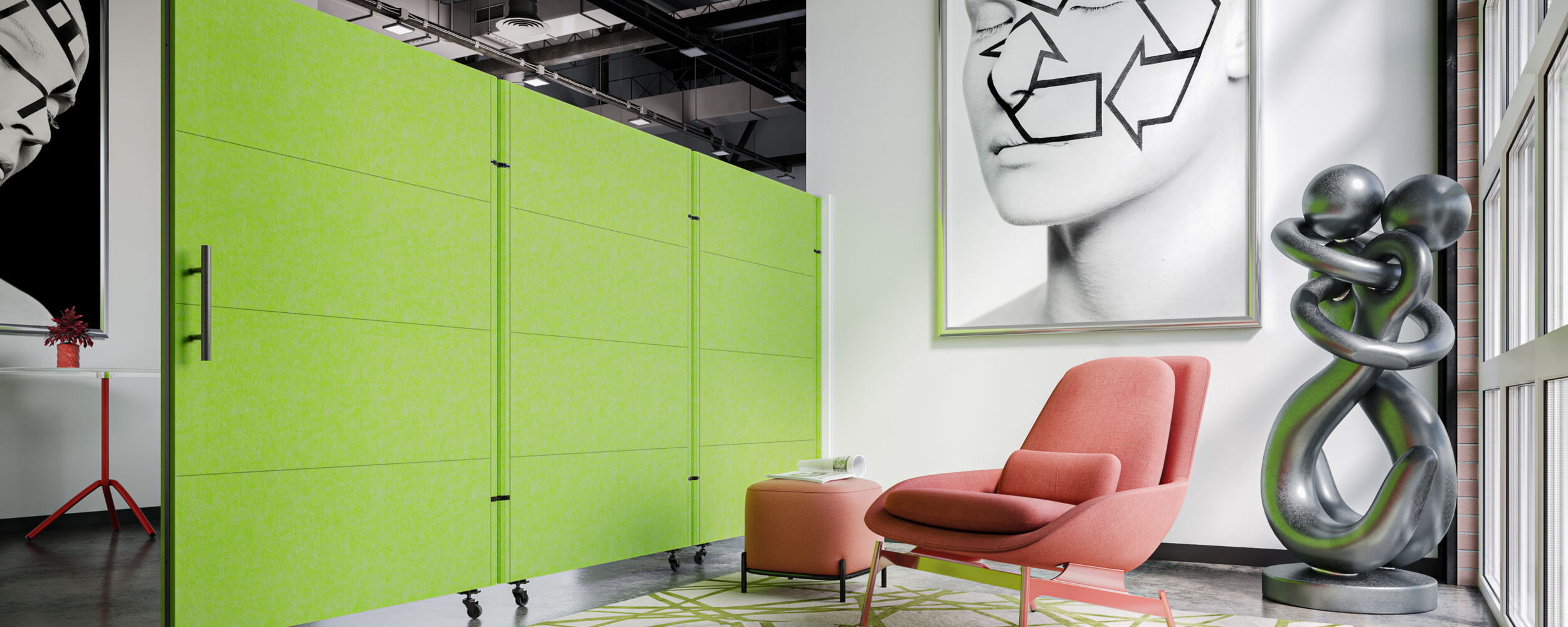 Contemporary Office Lounge Featuring a Pink Chair, Green Divider, and Artistic Sculptures