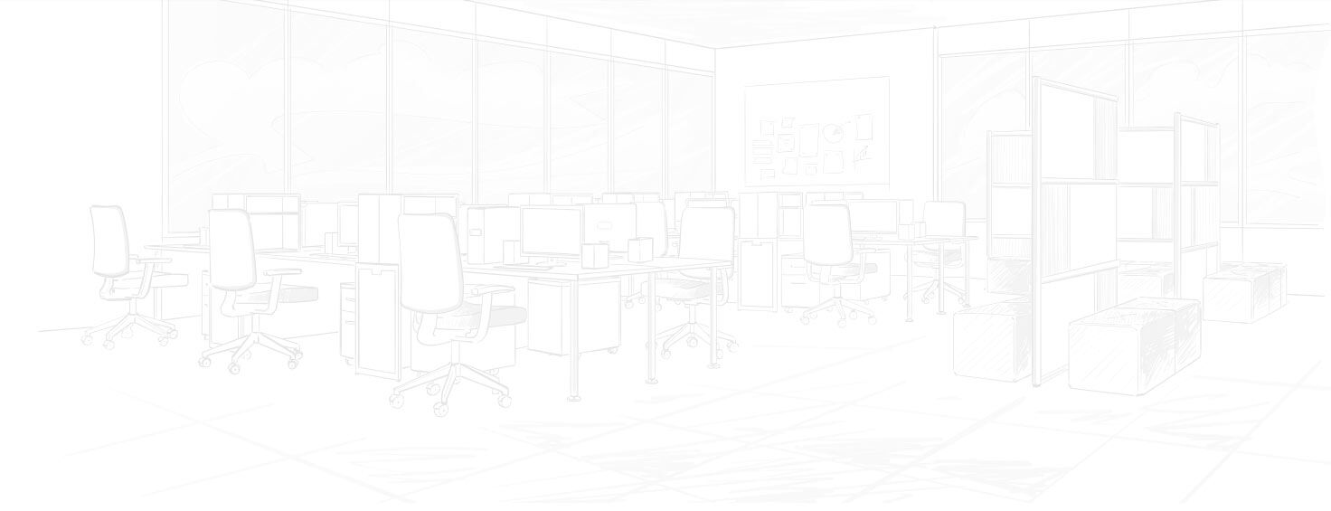 Sketch of a Modern Office Interior with Desks, Chairs, and Shelves