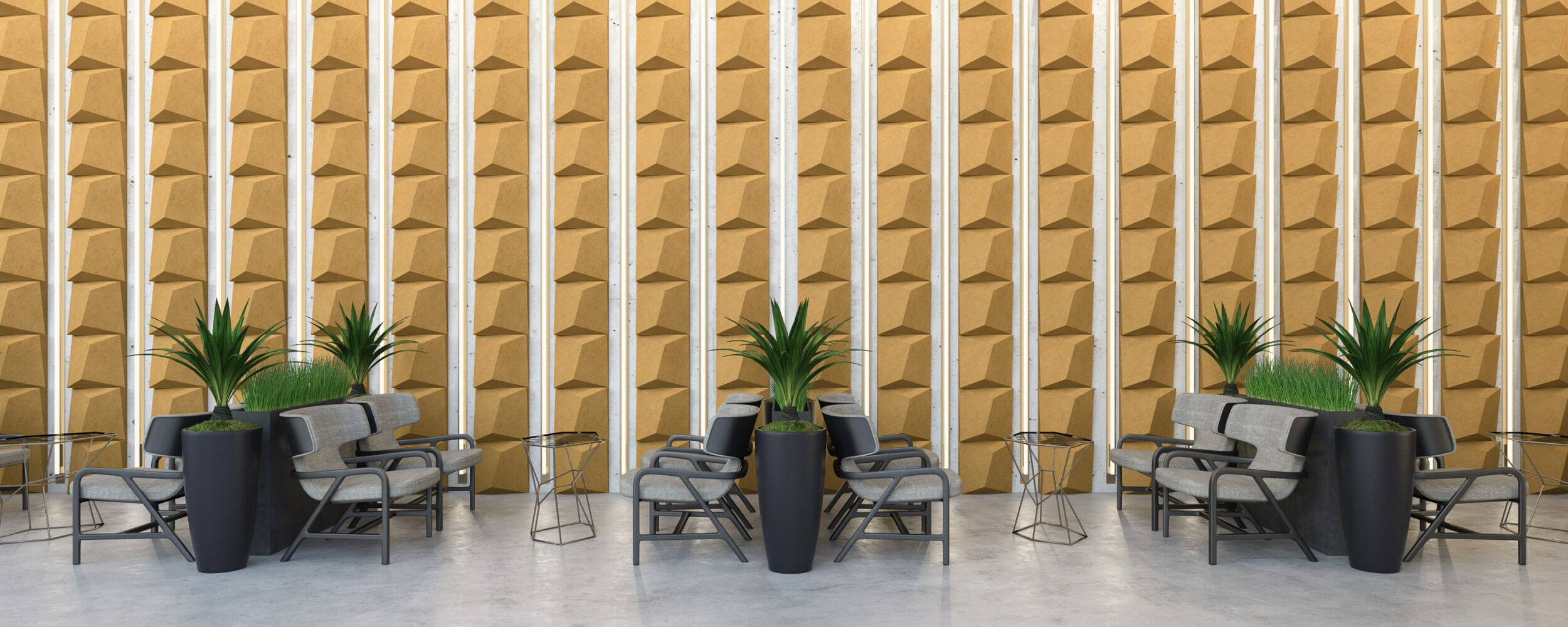 Modern Office Lobby with Geometric Wall Panels and Sleek Furniture