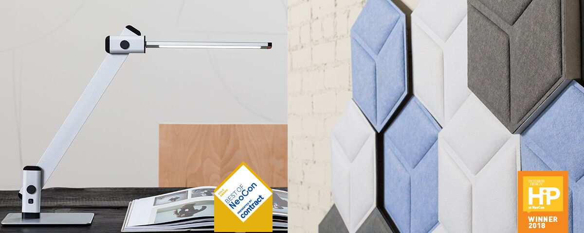 Modern Desk Lamp and Acoustic Wall Panels, each displaying design awards.