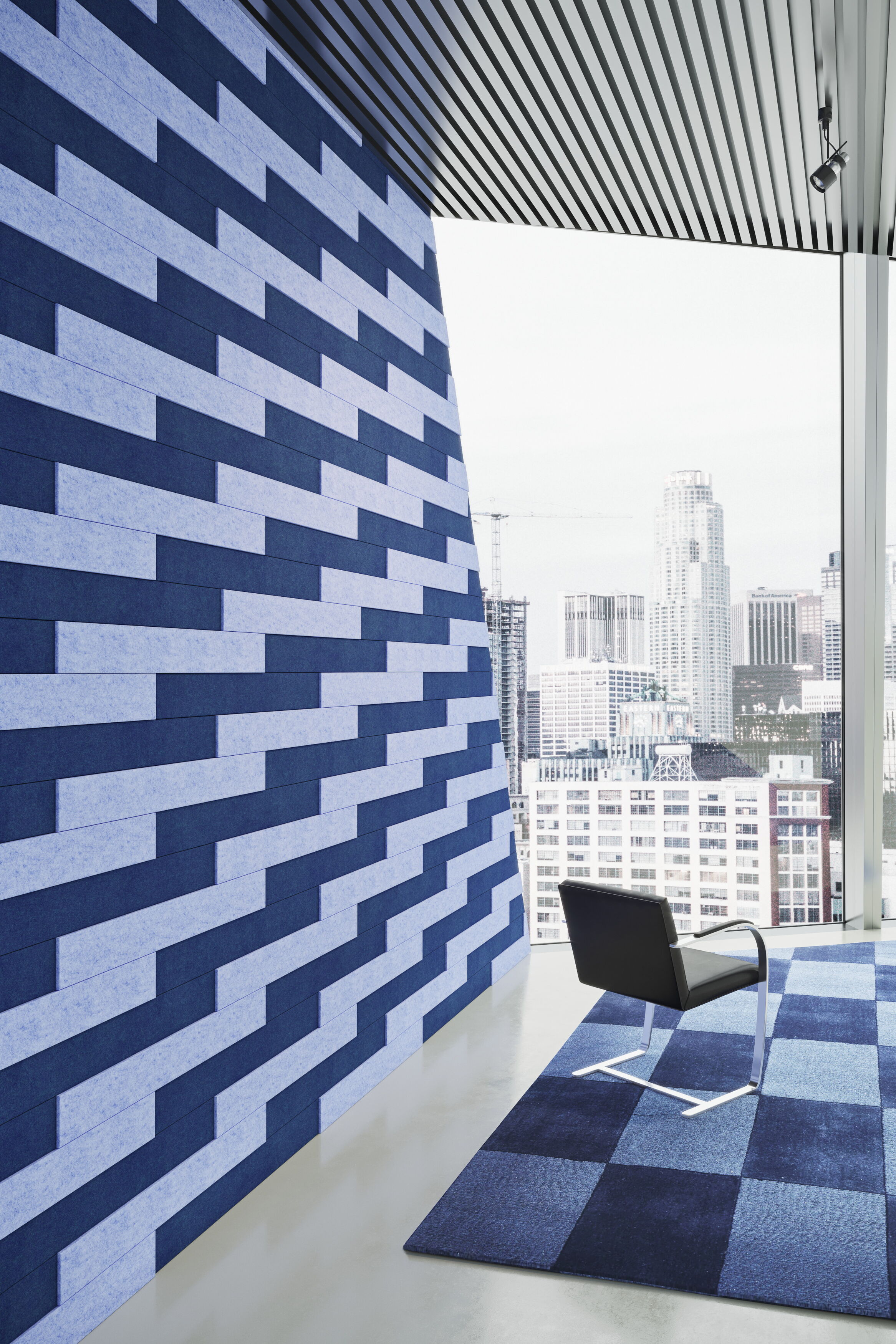 Blue Plank Wall with City Skyline Outlook