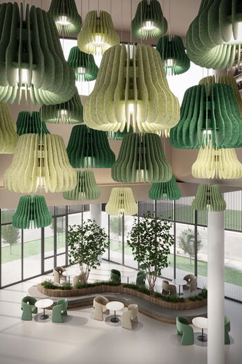 Stylish Interior Featuring Cluster of Green Textured Pendant Lights Above Seating Area