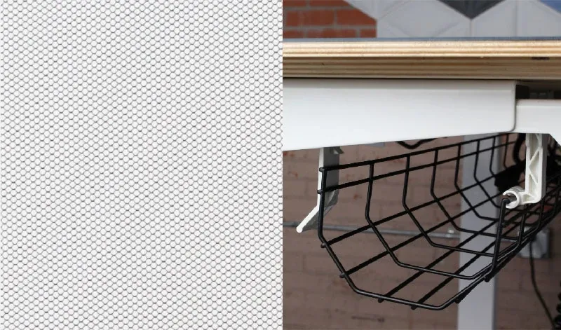 Comparison of a Geometric Pattern and a Black Hanging Basket under a White Shelf