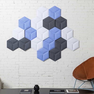 Contemporary Room with Geometric Wall Panels in Blue, White, and Gray