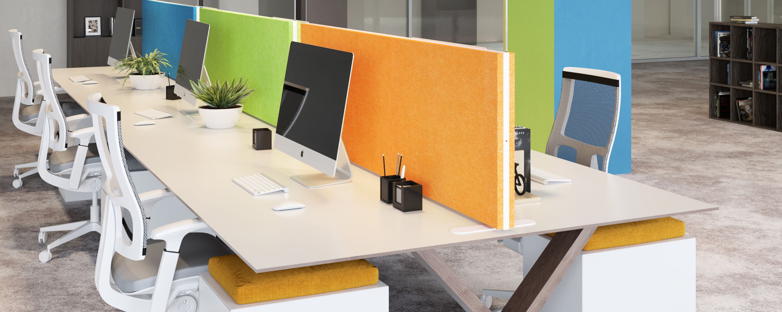 Modern Office with Brightly Colored Desk Dividers and White Chairs