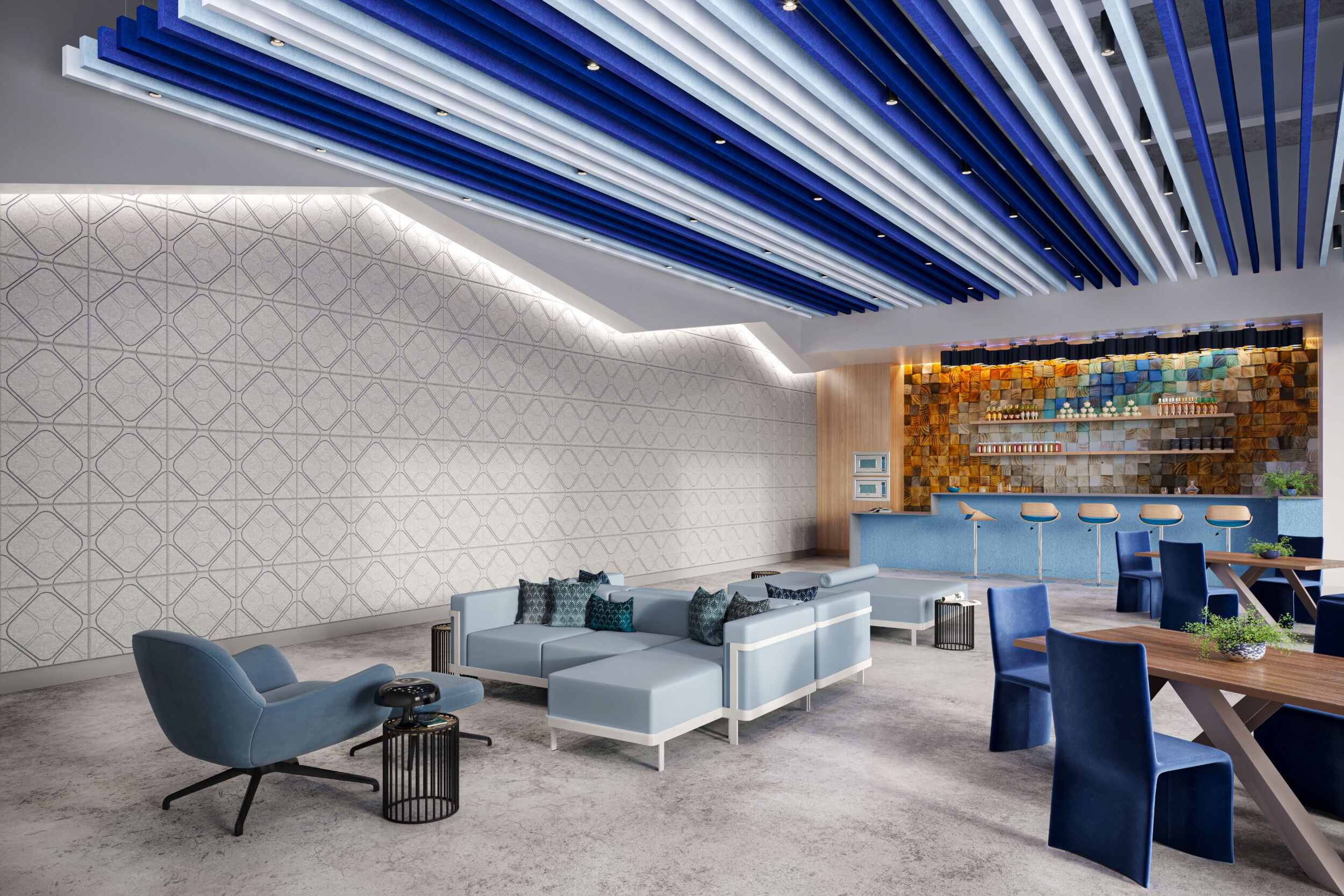 Stylish Modern Lounge with Blue Accents and Sleek Furniture