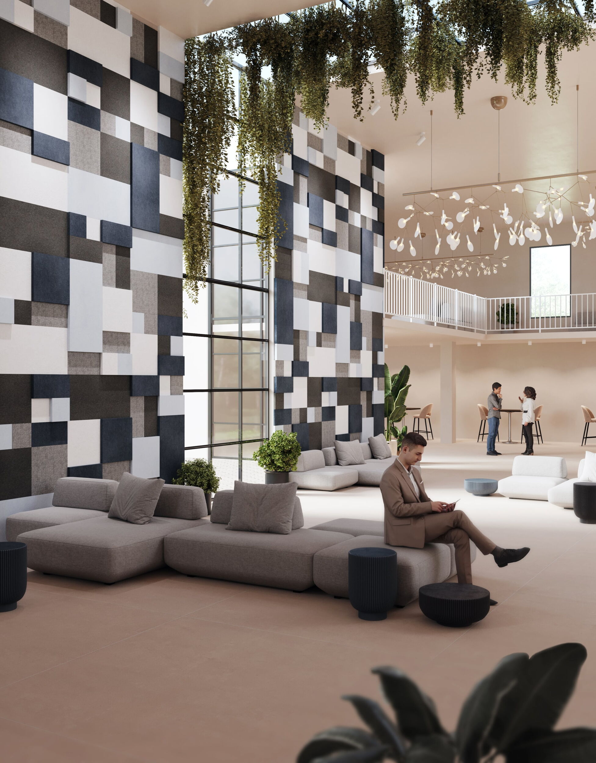 Large Open Off White Lounge Space with Blue Tiled Walls and Vines