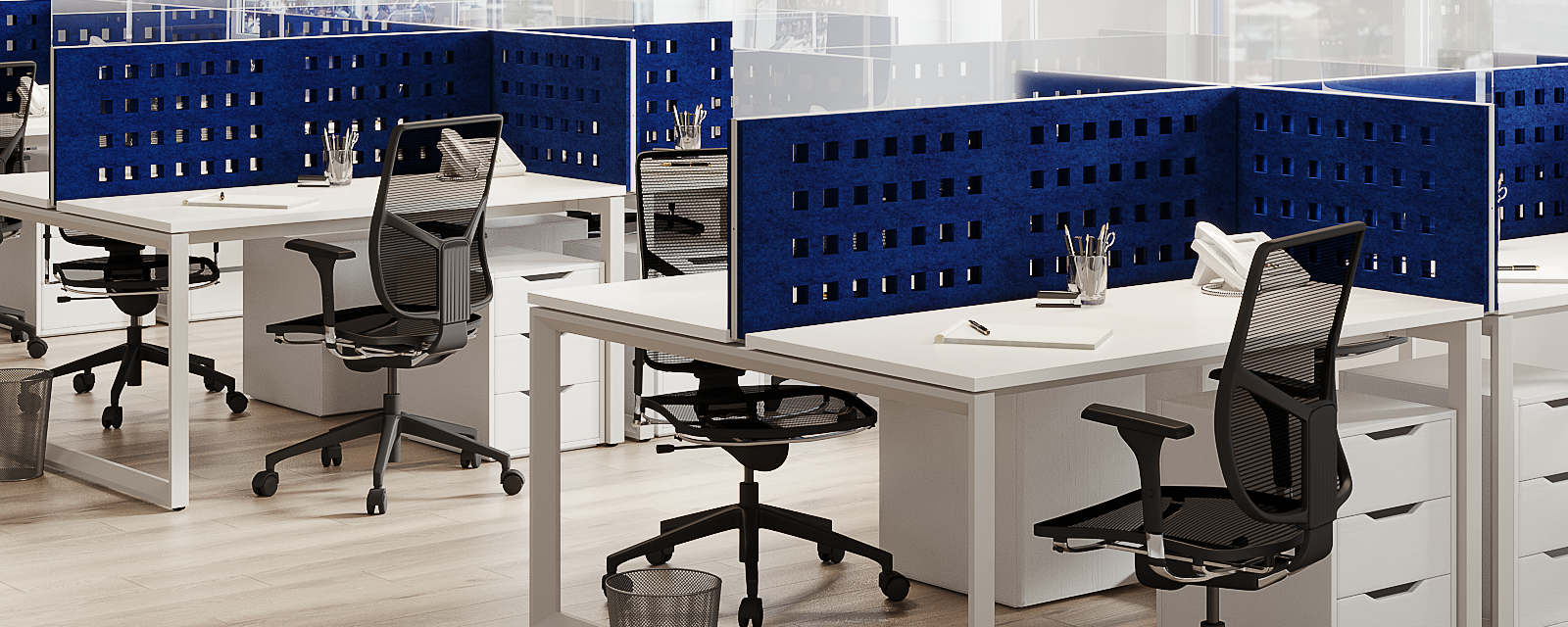Modern Open Office Space with Blue Cubicle Dividers and White Desks