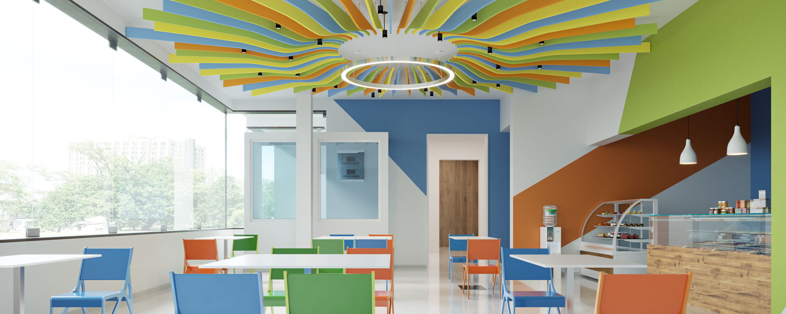 Modern Cafeteria with Colorful Ceiling Design, Vibrant Chairs, and Natural Light