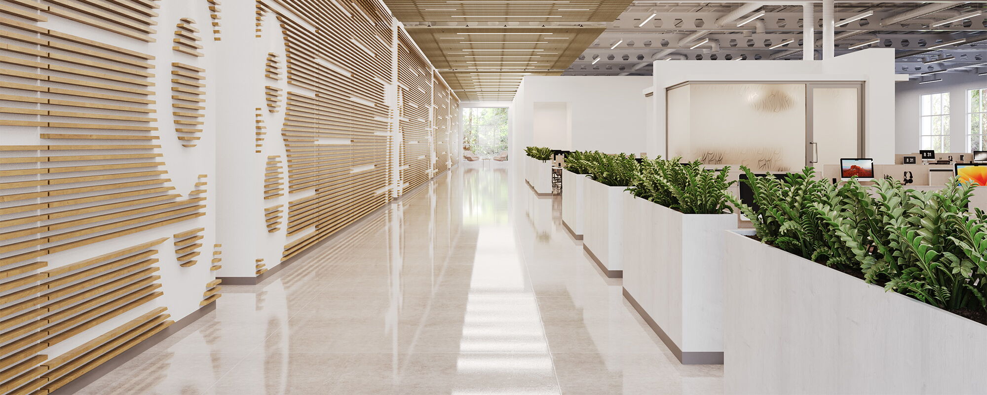 Modern Office Interior with Sleek Wooden Partitions and Indoor Planters