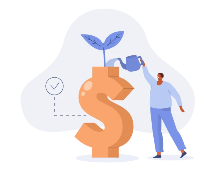 Man Watering a Plant Growing from a Dollar Sign, Symbolizing Financial Growth