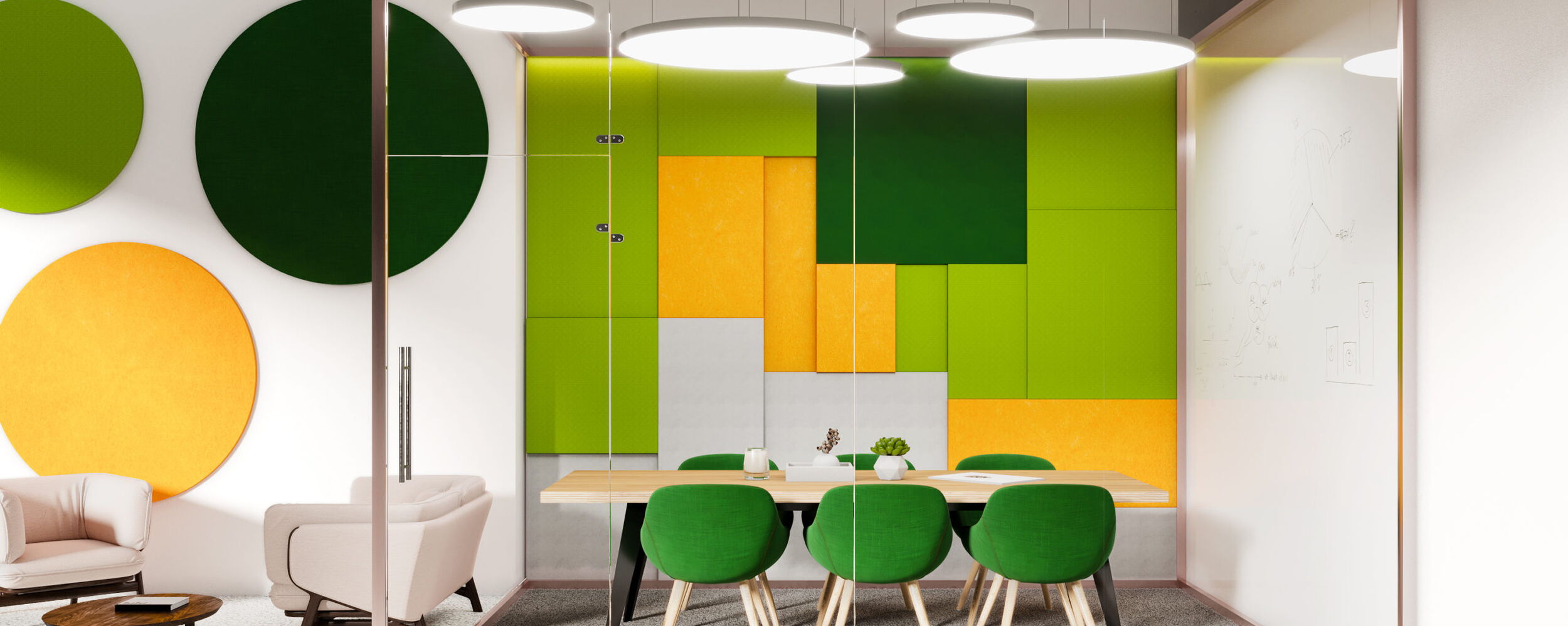 Modern Office Meeting Room with Green and Yellow Wall Panels and Stylish Furniture