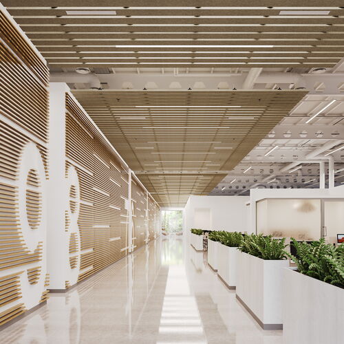 Modern Office Interior with Sleek Wooden Partitions and Indoor Planters