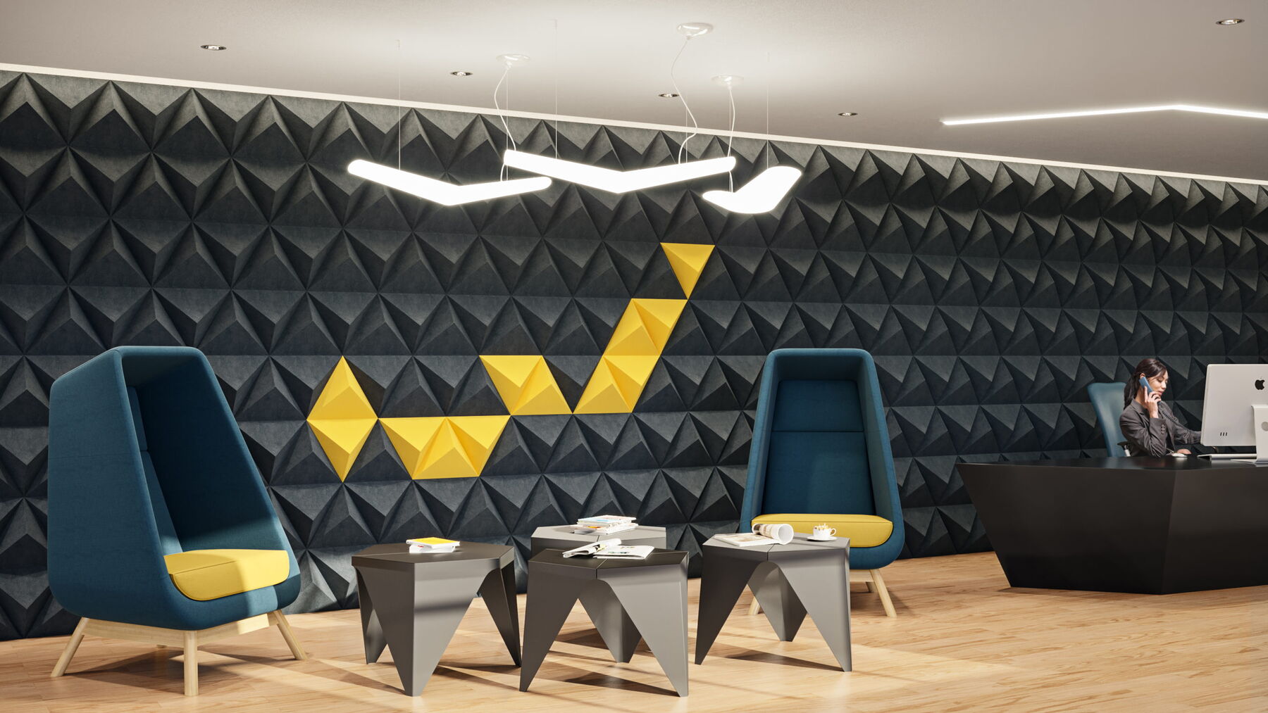 Modern Office Reception with Geometric Wall Design and Stylish Seating