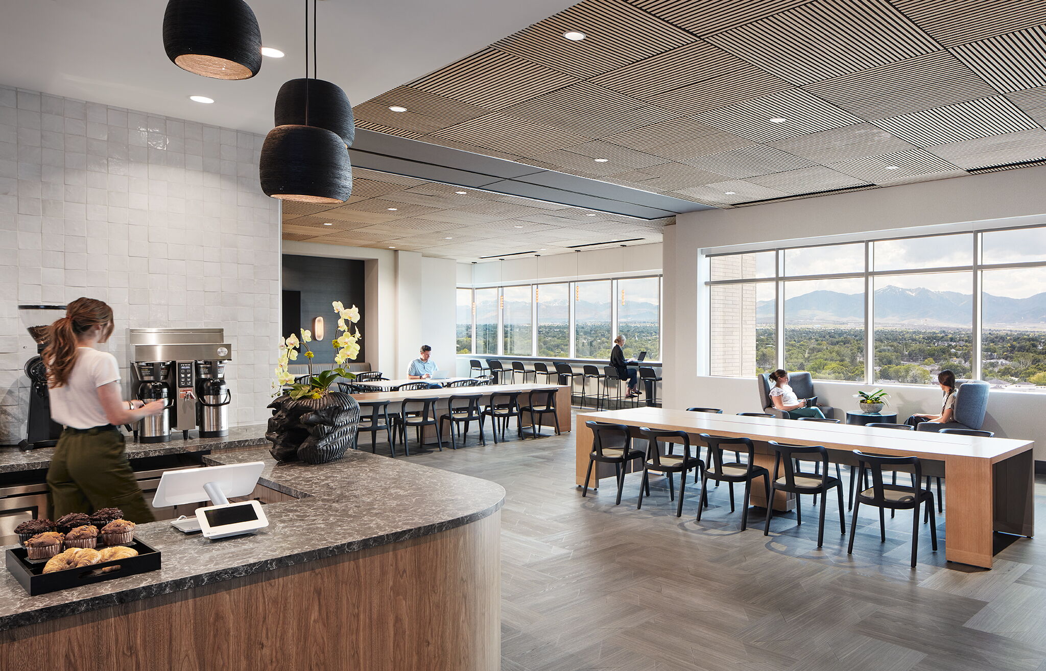 Modern Office Cafeteria with Various People Working and Socializing