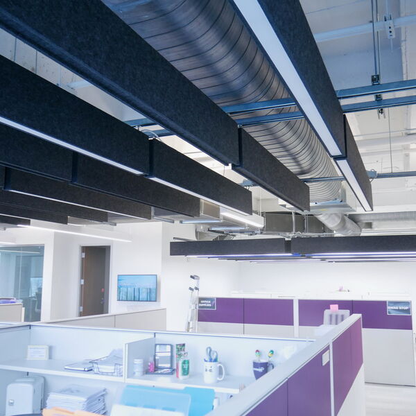Office Ceiling with Exposed Ductwork and Soundproofing Panels