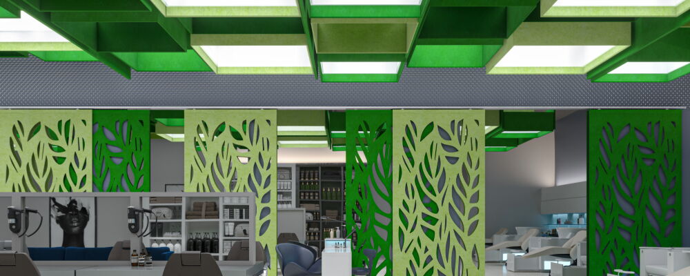 Interior Design of a Modern Hair Salon Featuring Stylish Green Accent Panels and Bright Lighting