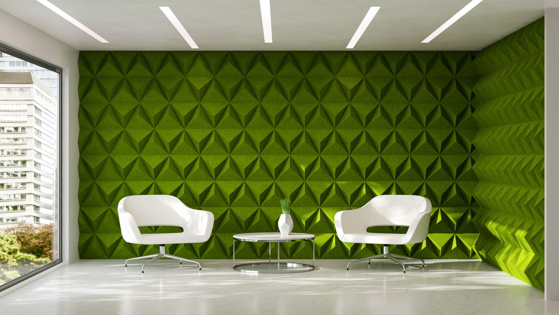 A Modern Office With Geometric Green Walls, White Chairs, and Large Windows