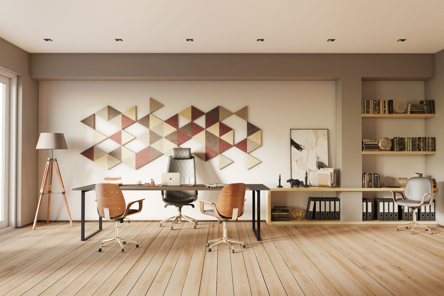 Modern Home Office with Stylish Desk Setup and Geometric Wall Art